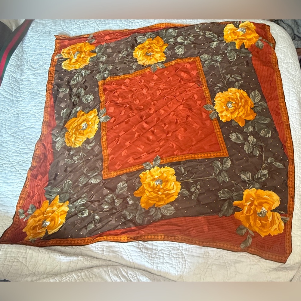 Jean Patou Floral Brown and Orange Scarf vintage, in good used condition